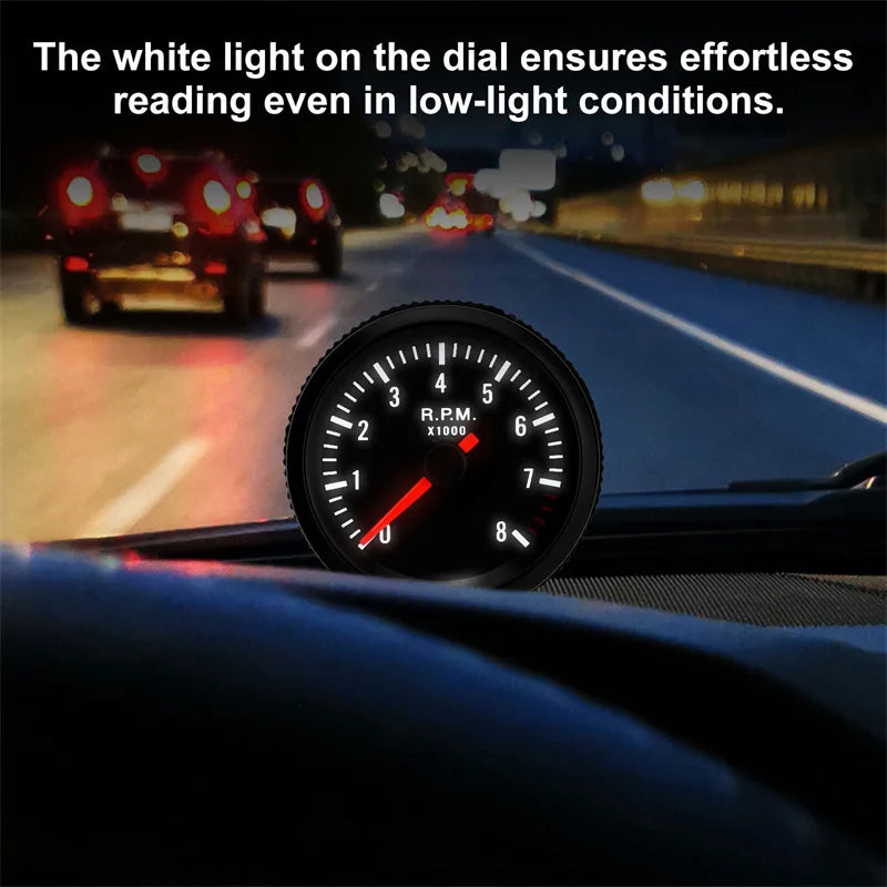 52mm Analog Tachometer RPM Gauge 0–8000 RPM White LED | Petrol Car Analog RPM Gauge Axl