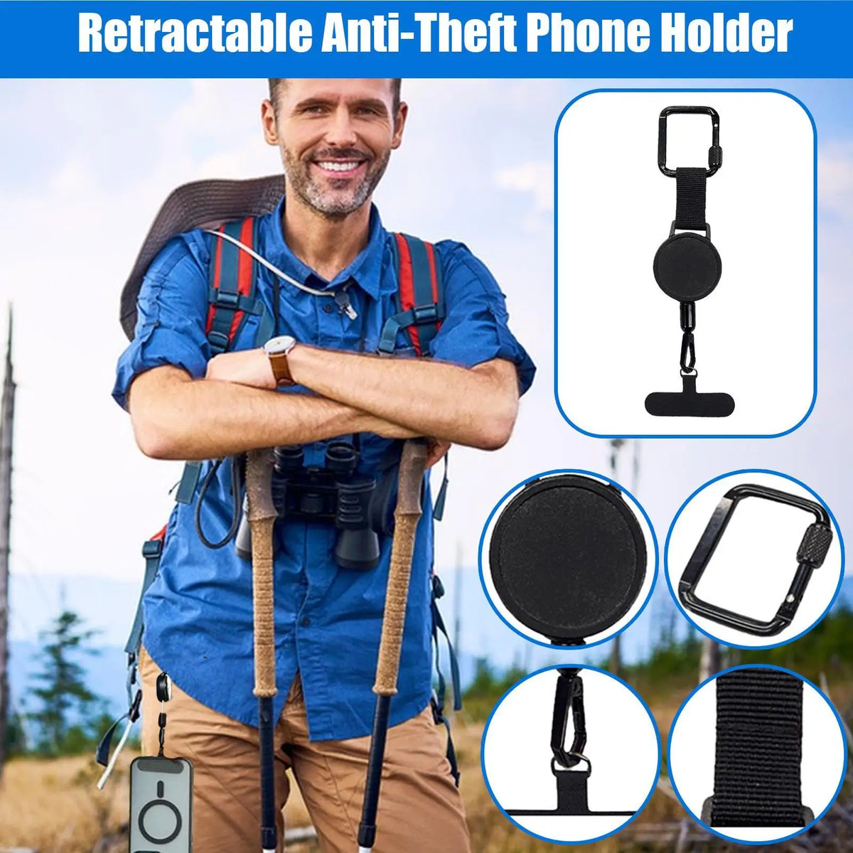 Retractable Phone Tether with Carabiner – Anti-Drop Lanyard Phone Safety Tether Axl