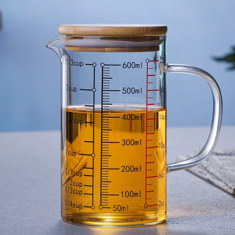 KEMORELA Borosilicate Glass Measuring Cup with Bamboo Lid Glass Measuring Cup Axl 600ml