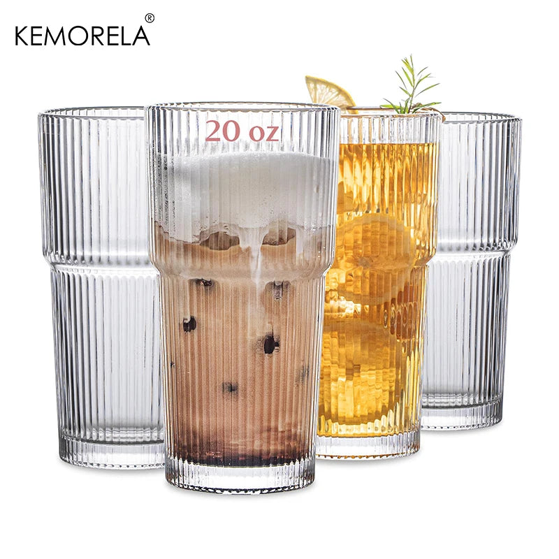 KEMORELA Ribbed Glass Tumblers 590ml | Set of 2 or 4 Glass Tumbler Set Axl 4PCS 501-600ml