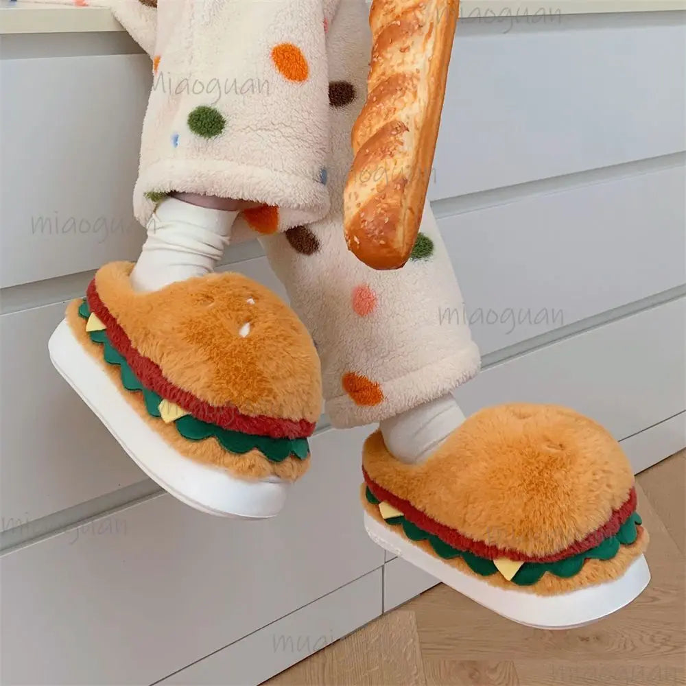 Women's Cartoon Hamburger Plush Platform Slippers | Fluffy Novelty House Slippers Axl