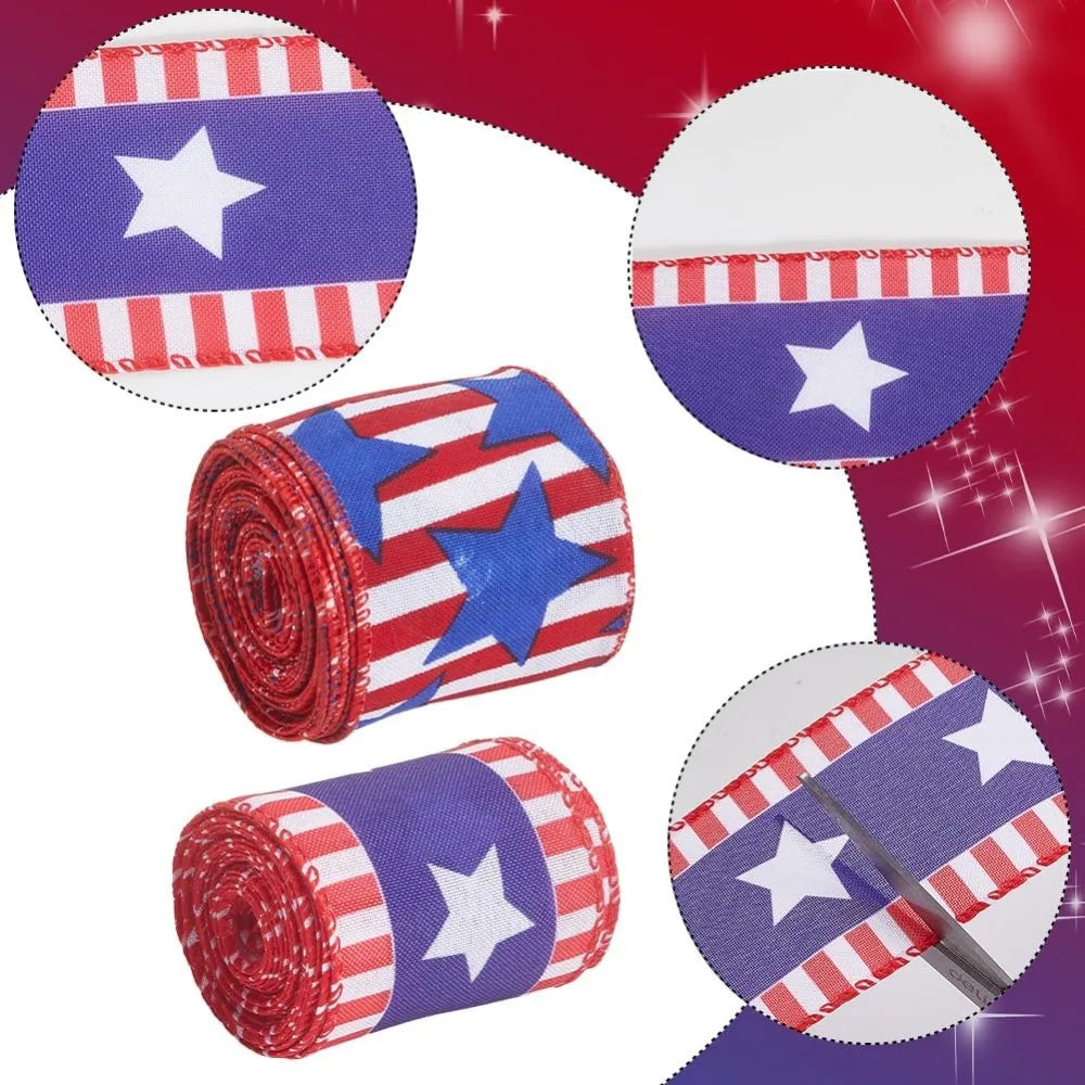 Patriotic Star Ribbon 2 Rolls – Red White Blue Polyester 60mm Decorative Ribbon Axl