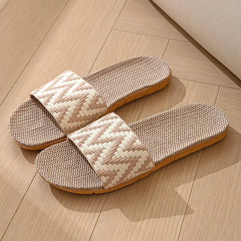 Women's Linen Indoor Slippers – Anti-Slip Thick Sole House Slides Indoor House Slippers Axl Beige 39-40