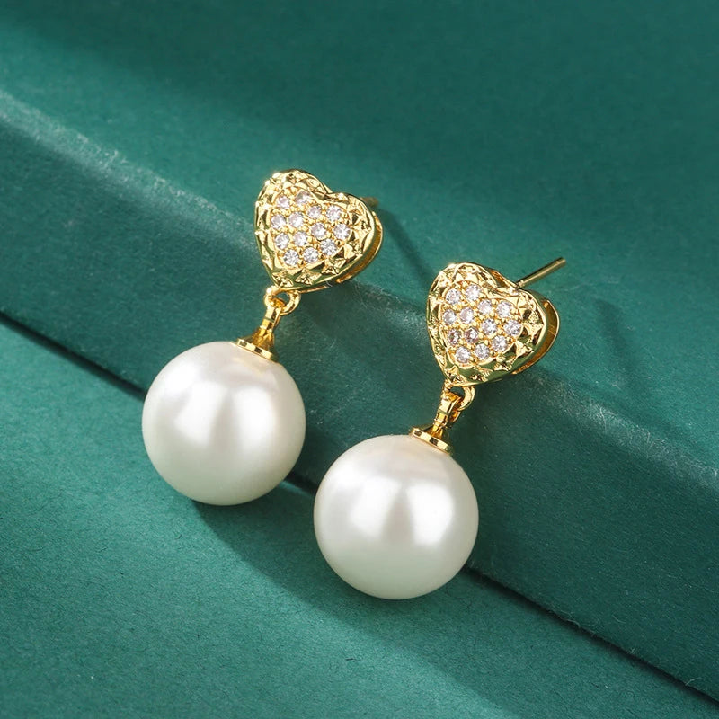 Huitan Pearl Drop Earrings – Heart Cubic Zirconia Women's Jewelry Drop Earrings Axl E3045