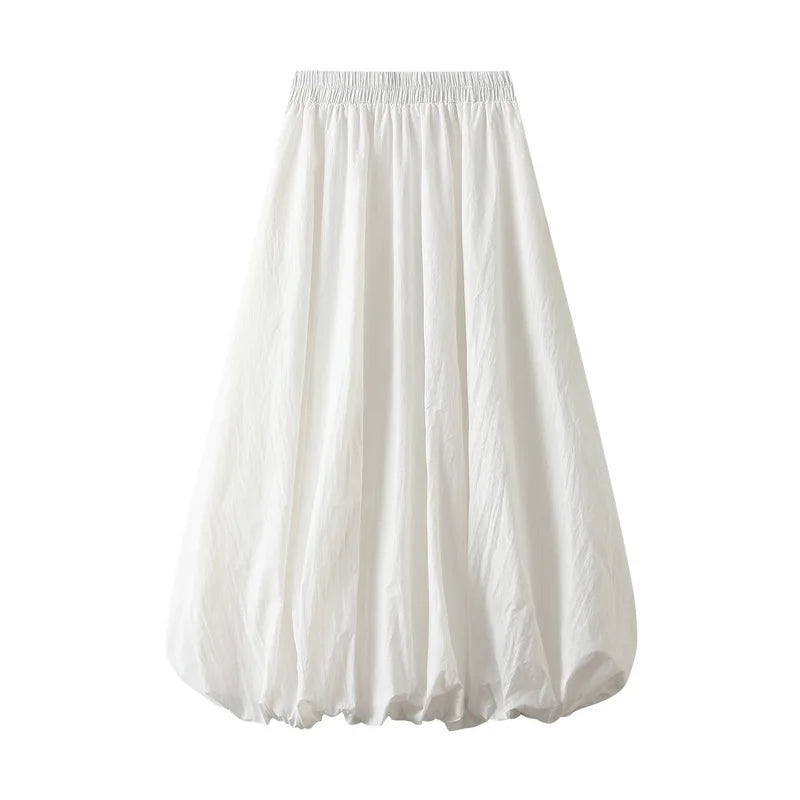 Women's Floral Midi Skirt – High Waist Lantern Style One Size Floral Midi Skirt Axl White One Size