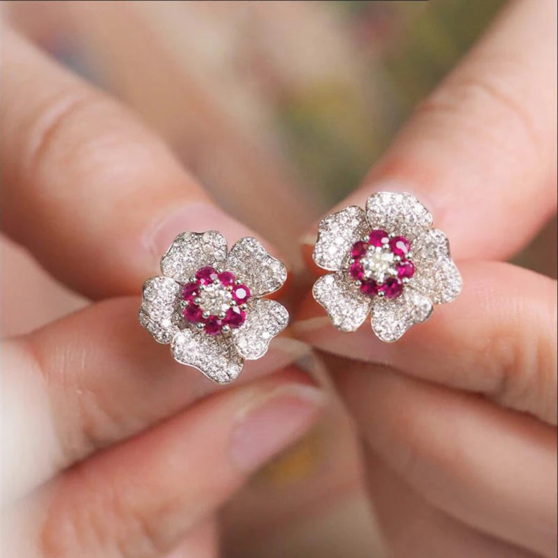 Huitan Red Flower Stud Earrings – Cubic Zirconia Women's Studs Stud Earrings Axl