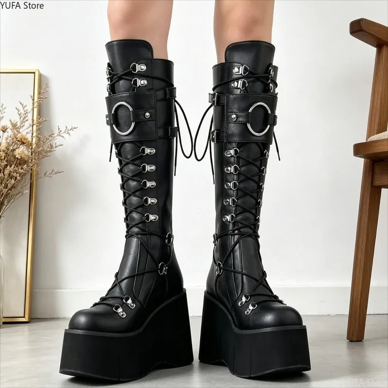 Women's Gothic Wedge Platform Boots – High Heel Lace-Up Wedge Platform Boots Axl