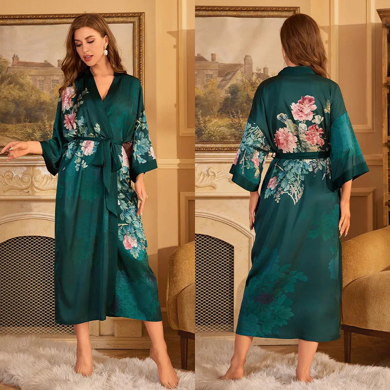 Women's Floral Satin Kimono Robe – Lace-Up Silk Bathrobe Satin Kimono Robe Axl 06 One Size