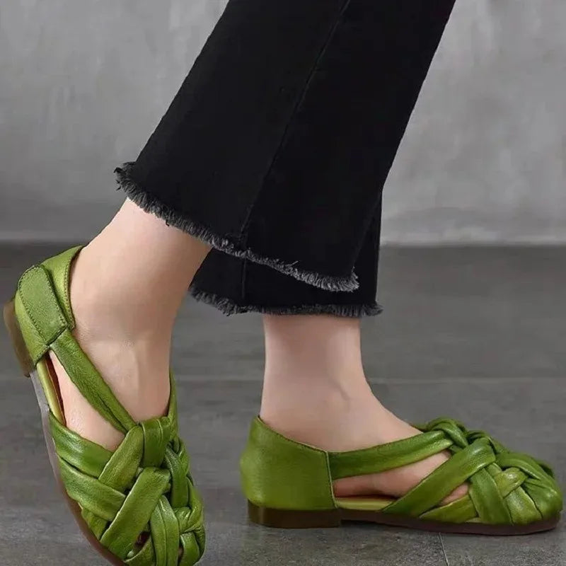 Women's Braided Genuine Leather Flat Slingback Sandals Women's Flat Sandals Axl