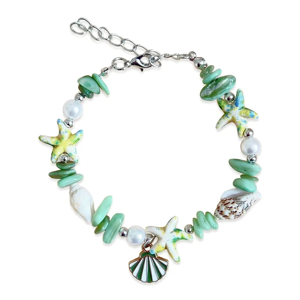 Shell Starfish Pearl Bracelet – Adjustable Beach Bangle for Women Shell Beaded Bracelet Axl Green