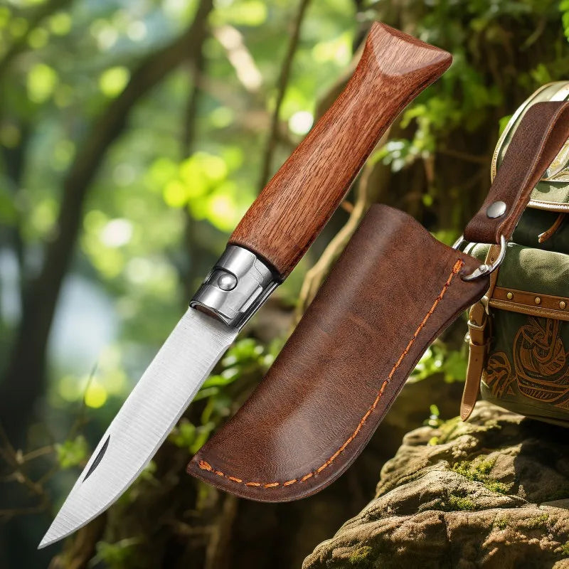 Stainless Steel Folding Knife – Wood Handle & Sheath Folding Pocket Knife Axl