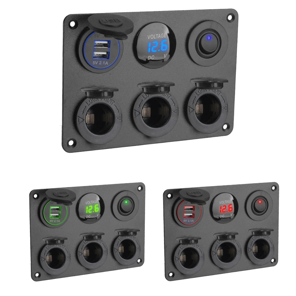 12V Power Panel – 3 Sockets, Dual USB 4.2A & LED Voltmeter Car Power Panel Axl