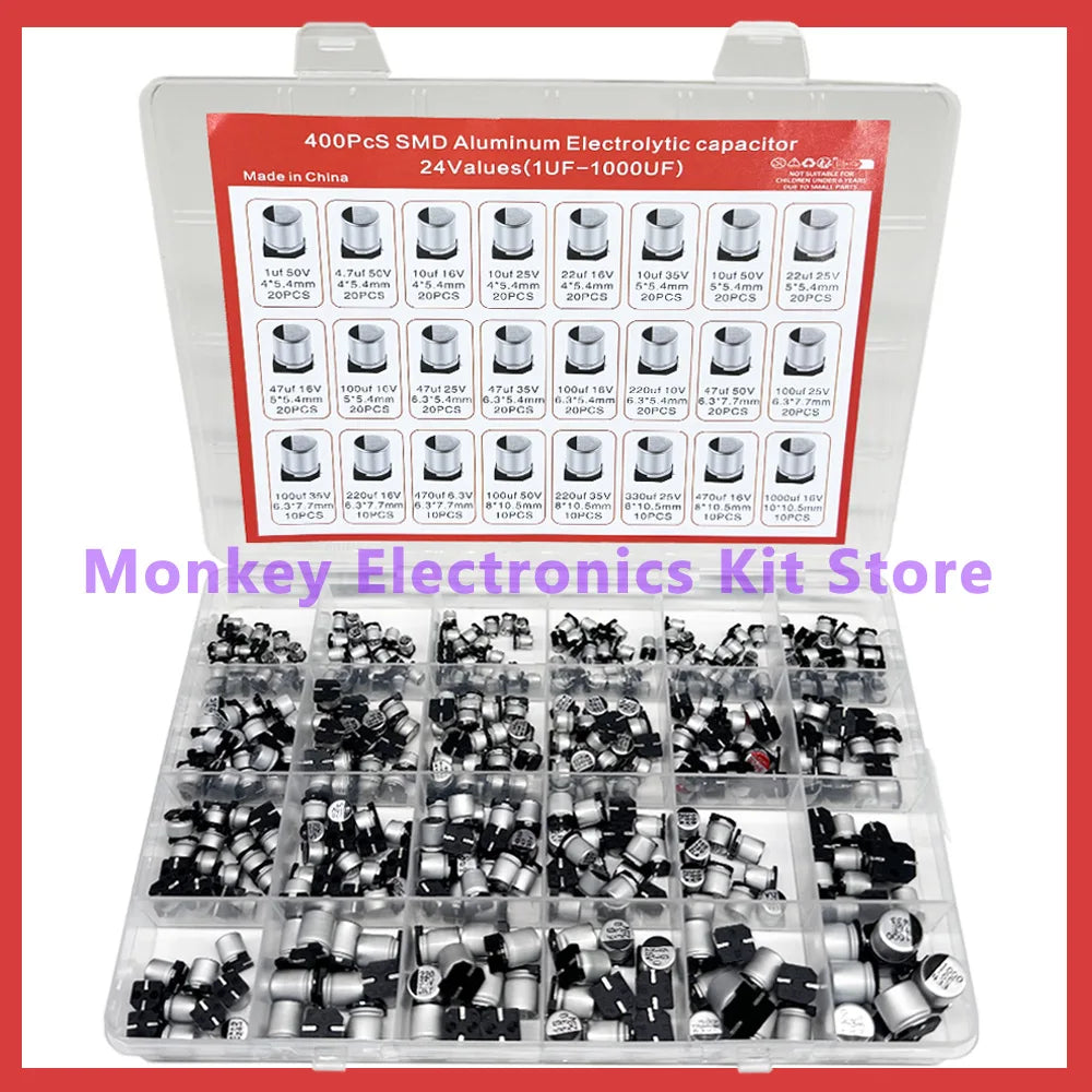 400PCS SMD Electrolytic Capacitor Kit – 24 Values 1uF–1000uF Capacitor Assortment Kit Axl
