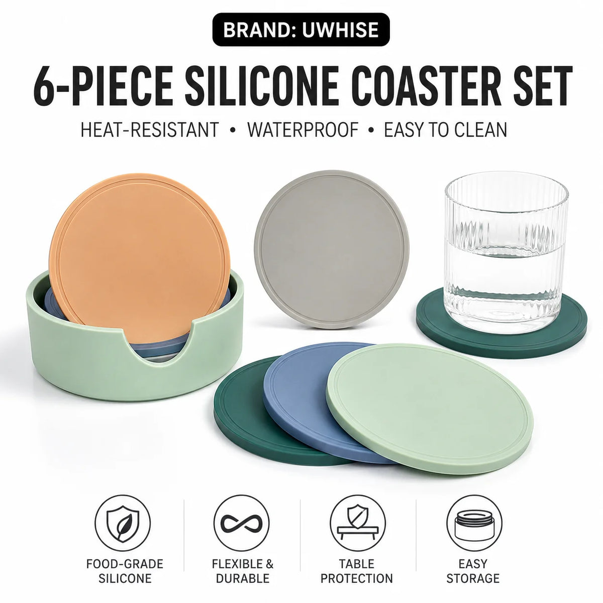 UWHISE 6-Piece Silicone Coasters Set with Holder | Heat Resistant Silicone Coaster Set Axl