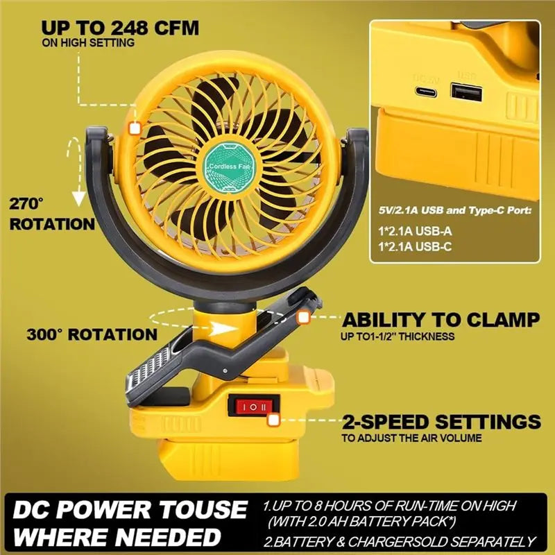 Cordless Clip Fan for DeWalt 20V/60V | 2-Speed Dual USB Fan Cordless Clip Fan Axl