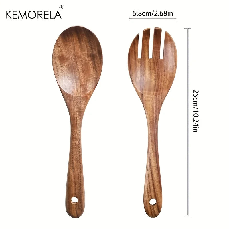 KEMORELA Acacia Wood Salad Servers – Long Handle Spoon & Fork Wood Salad Servers Axl