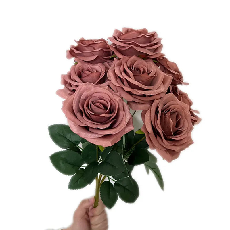 9-Head Faux Silk Rose Bouquet – Wedding & Home Floral Decor Artificial Flower Bouquet Axl