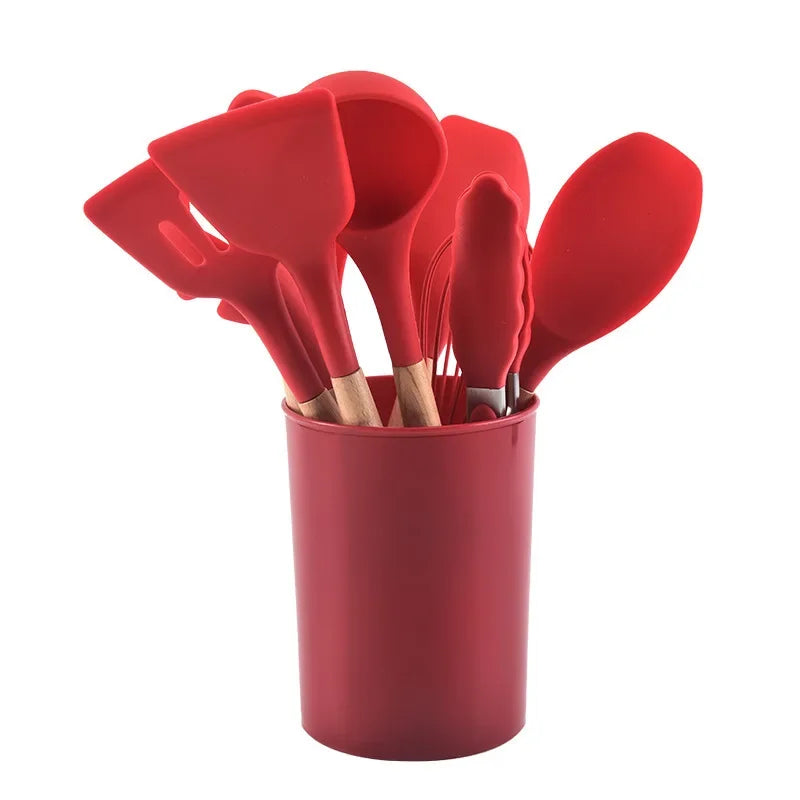 12-Piece Silicone Kitchen Utensil Set – Wooden Handles Silicone Utensil Set Axl Red-3367