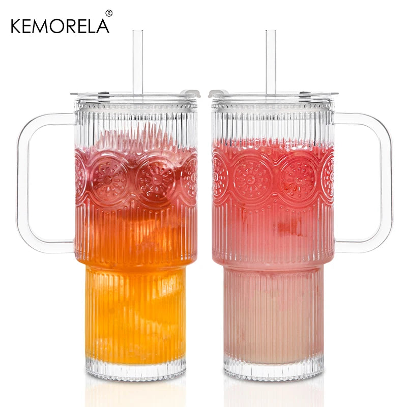 KEMORELA 750ml Sunflower Glass Tumbler with Lid & Straw Glass Tumbler Axl 2PCS 750ml