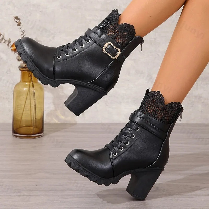 Women's Retro Buckle Lace Ankle Boots | Square Thick Heel Women's Ankle Boots Axl