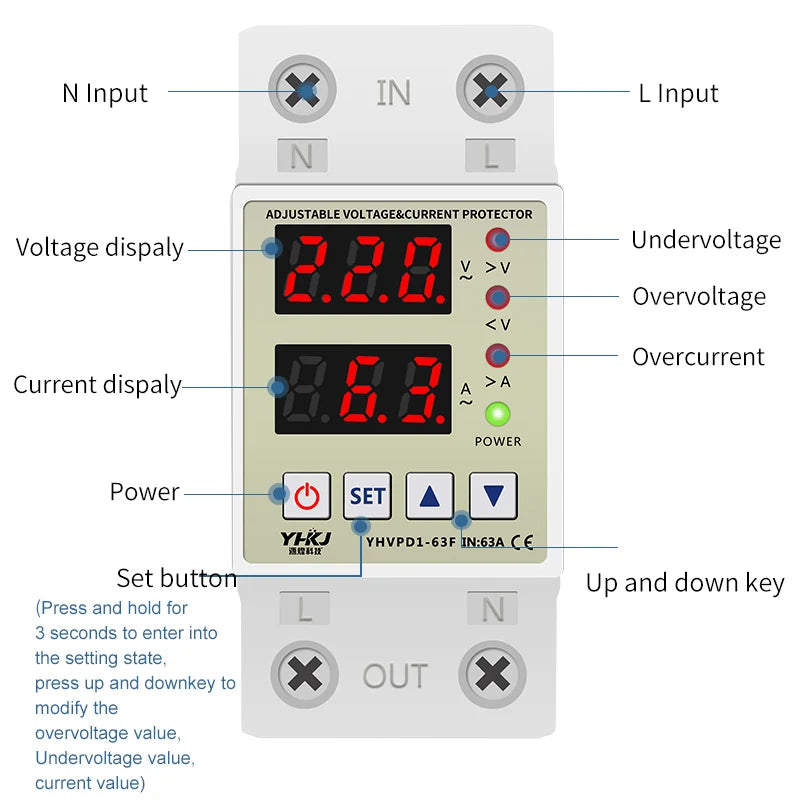 Din Rail Voltage & Current Protector 40A 63A 220V Surge Relay Voltage Protection Relay Axl