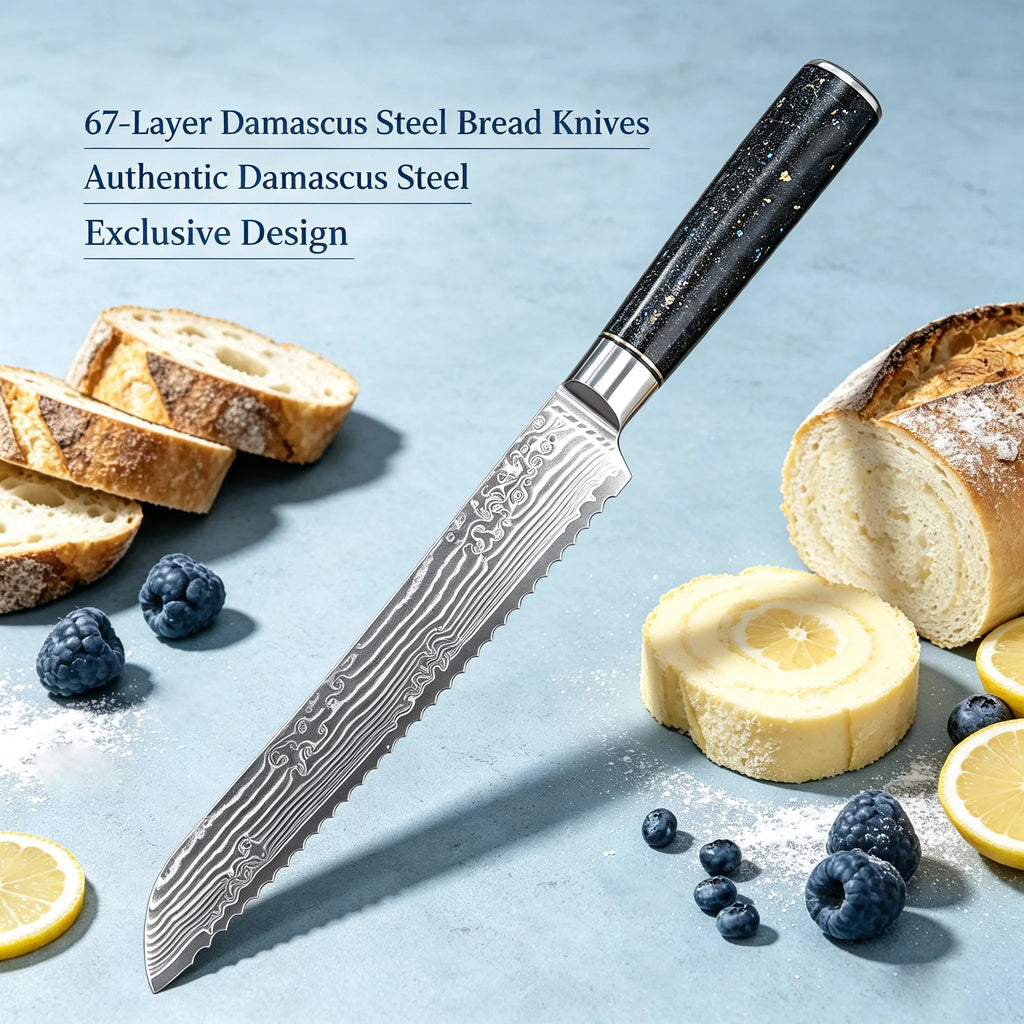 67-Layer Damascus Steel Bread & Chef Knife – 19.5cm Blade Damascus Kitchen Knife Axl