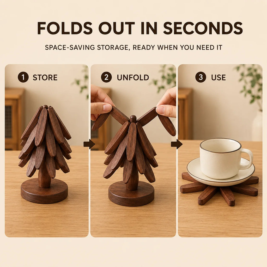 Uwhise Wooden Tree Trivet Set – Foldable Heat-Resistant Mat 3/5 Pc Wooden Trivet Set Axl