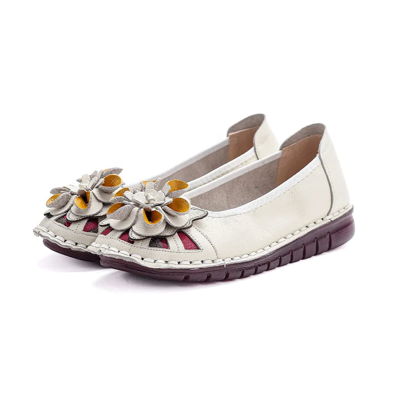 Lorilury Women's Handmade Floral Cowhide Leather Loafers Leather Flat Loafers Axl White 40