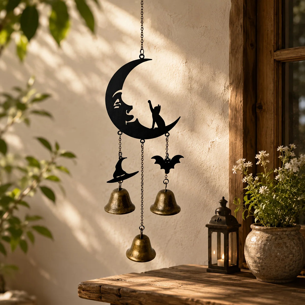 Gothic Moon Cat Metal Wind Chime – Halloween Bat & Witch Hat Metal Wind Chime Axl