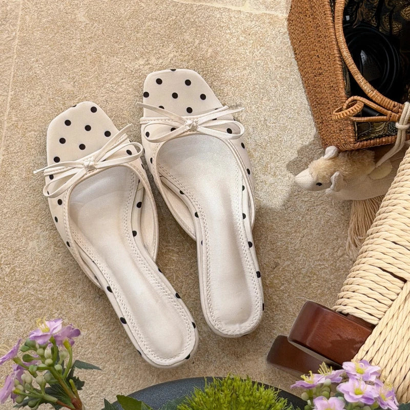 Women's Satin Polka Dot Slide Slippers with Bow & Low Heel Slide Slippers Axl WHITE 40