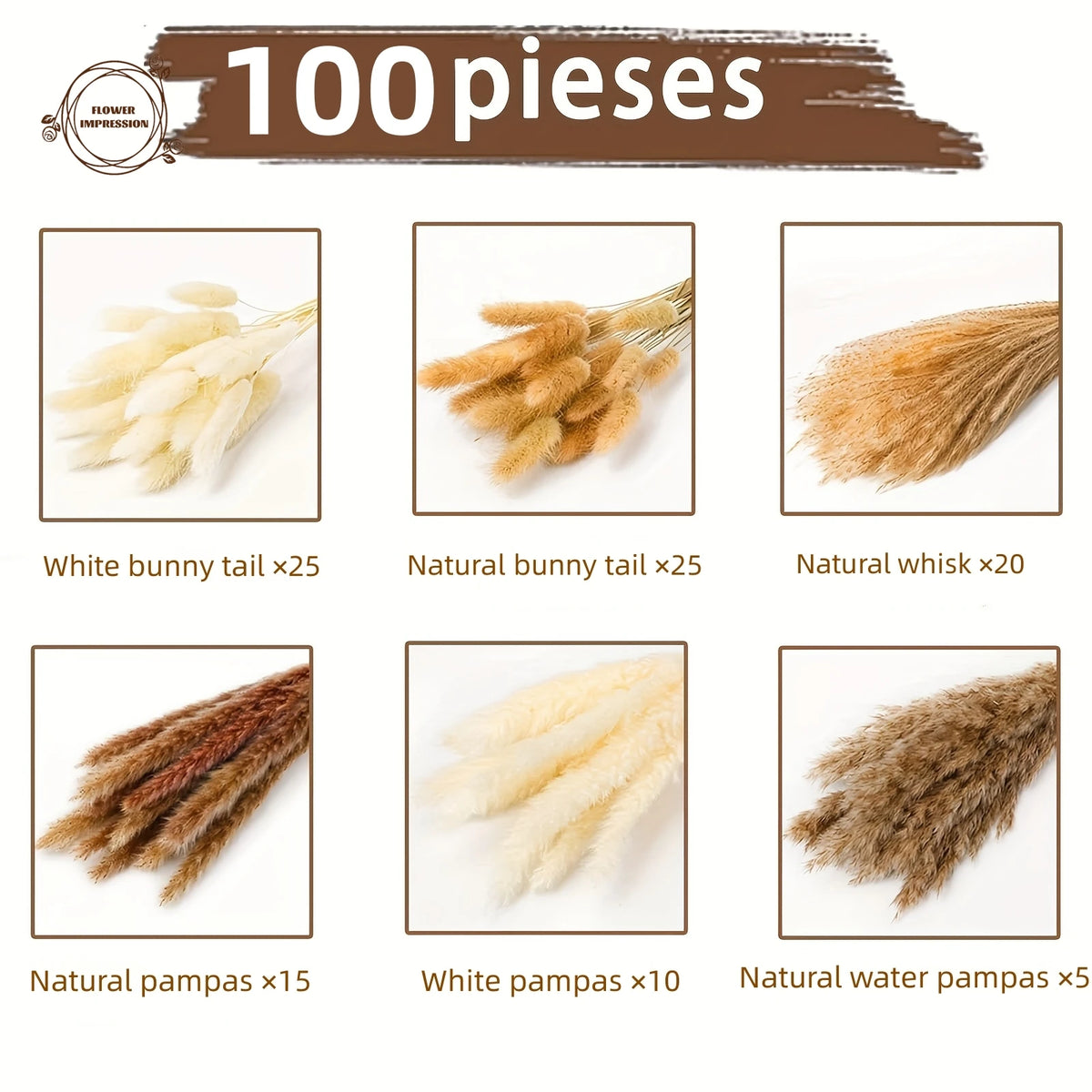 100pc Dried Pampas Grass Bouquet – Boho Home & Wedding Decor Dried Flower Bouquet Axl