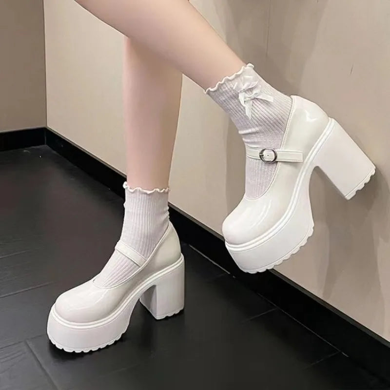Women's Retro Platform Loafers – Buckle Strap Thick Heel Platform Loafers Axl 39 Beige