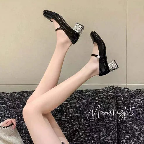 Women's Chunky Heel Mary Jane Pumps – Rhinestone Buckle Mary Jane Pumps Axl Black 40
