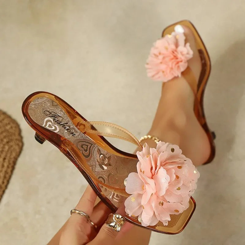 Bohemian Flower High Heel Sandals – Women's Square Toe Slippers Heeled Sandals Axl