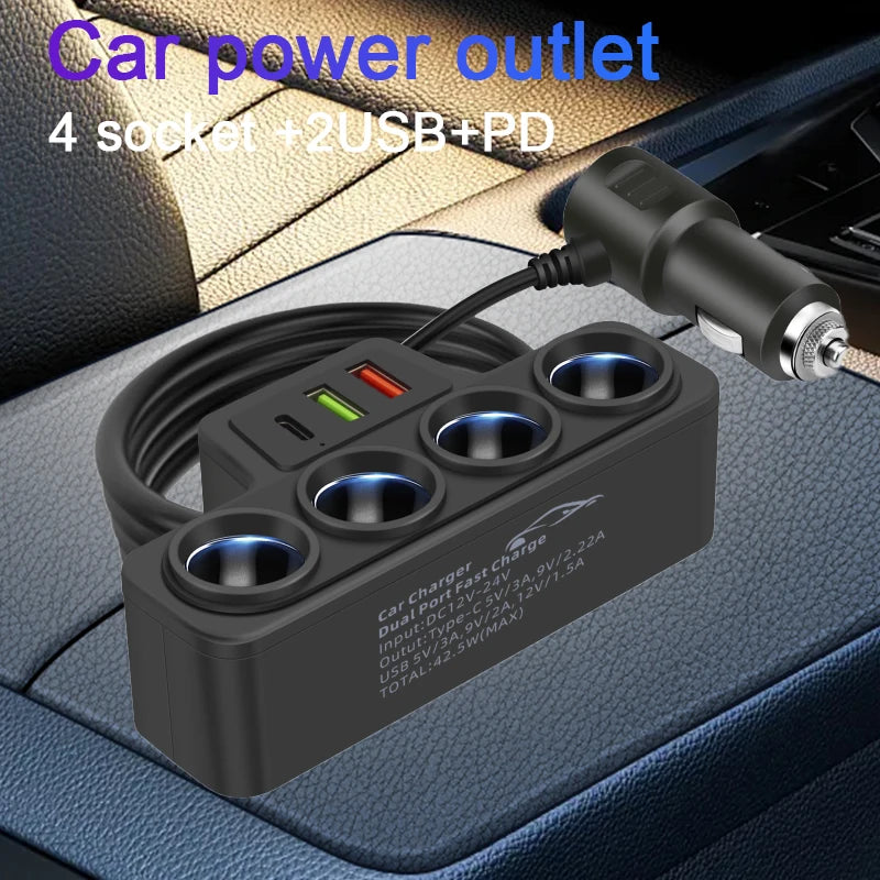 Baideluo 7-in-1 Car Charger – 2 USB, PD & 4 Sockets Car Charger Axl