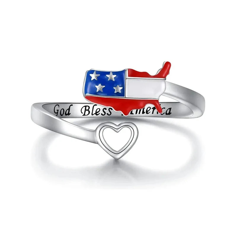 Huitan Heart American Flag Adjustable Ring – Patriotic Jewelry Fashion Ring Axl