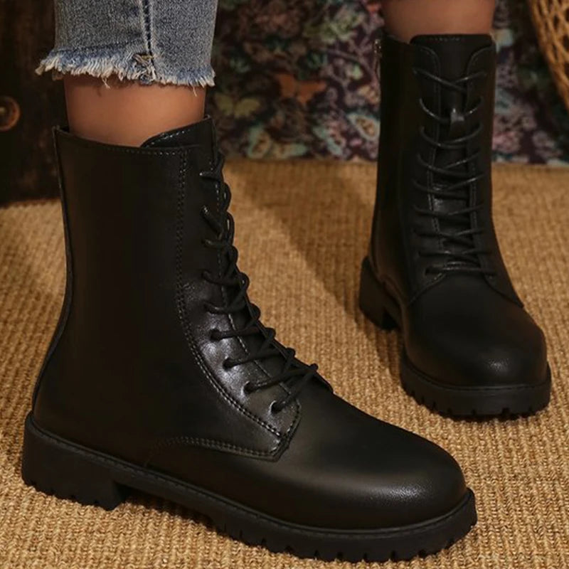 Women's British Zip Ankle Boots – PU Leather, Round Toe Booties Ankle Boots Axl