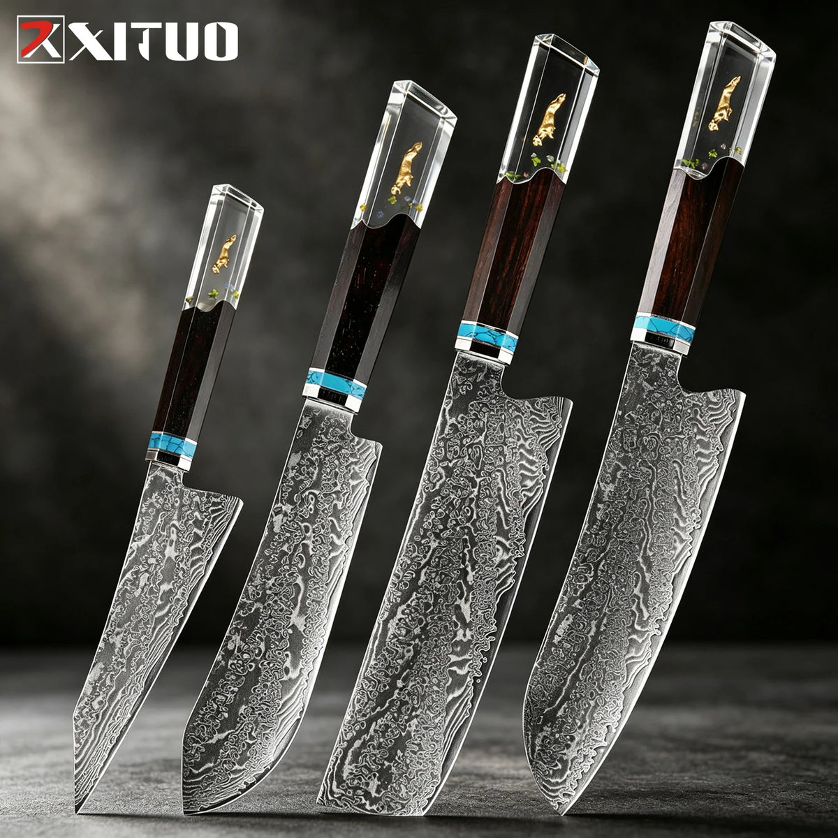 XITUO 8-Pc Damascus Steel Chef Knife Set | Resin Handle Chef Knife Set Axl 4PCS Knife