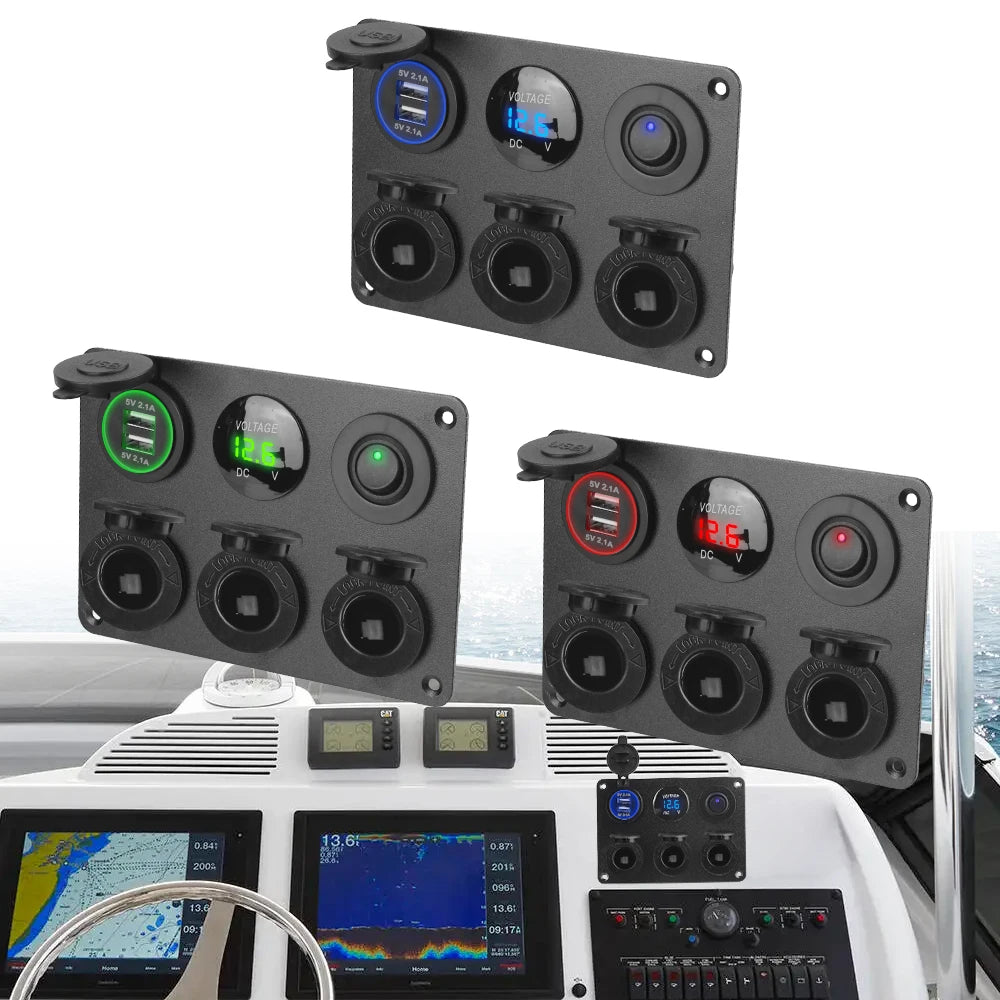 12V Power Panel – 3 Sockets, Dual USB 4.2A & LED Voltmeter Car Power Panel Axl