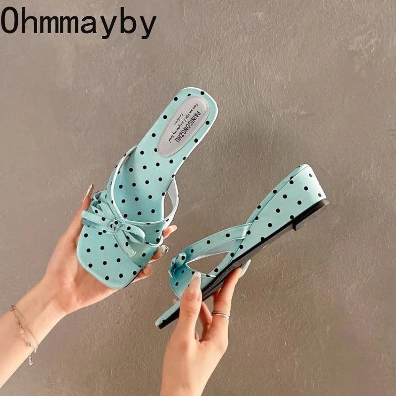 Satin Butterfly-Knot Women's Block Heel Slippers – Polka Dot Heeled Slide Slippers Axl