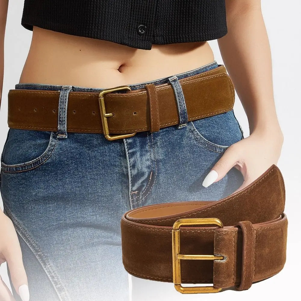 Women's Wide PU Leather Belt – Suede Pin Buckle Waistband Women's Fashion Belt Axl