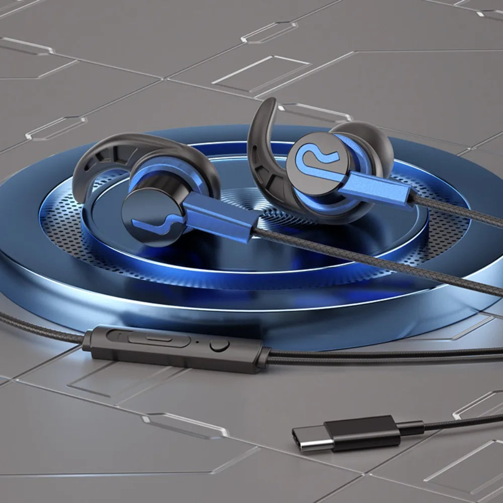 Sport Ear Hook Wired Earphones Type-C & 3.5mm Super Bass ANC Wired Sport Earphones Axl blue-type-c