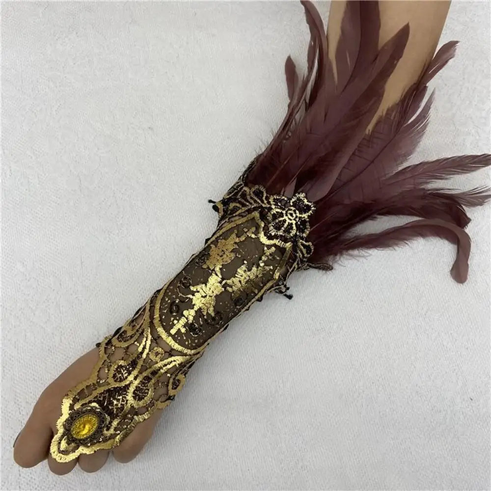 Women's Feather Lace Cuffs – Vintage Gothic Halloween Wristband Costume Feather Gloves Axl