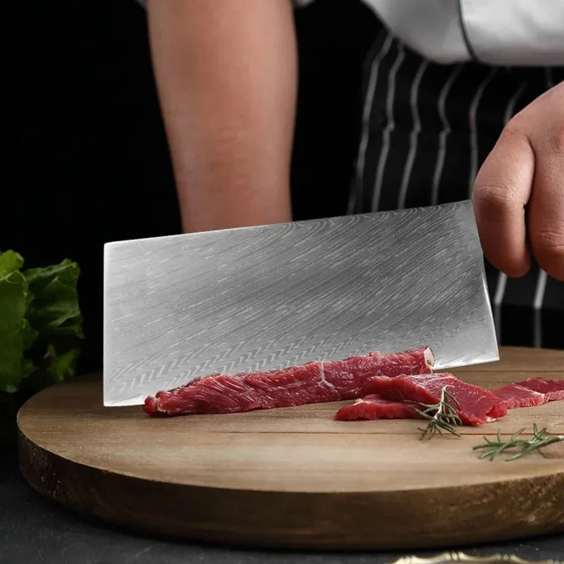 InLeung Damascus Steel Cleaver Knife – Wood Handle | 18cm Damascus Cleaver Knife Axl