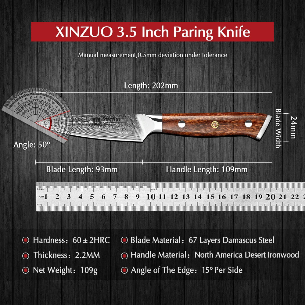 XINZUO 3.5" Damascus Paring Knife – VG10 Steel & Ironwood Damascus Paring Knife Axl