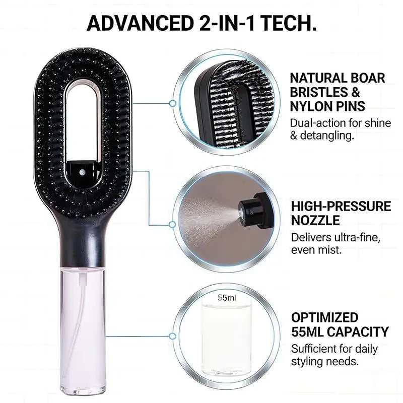 2-in-1 Detangling Spray Hair Brush with Refillable Mist Tank Spray Detangling Brush Axl