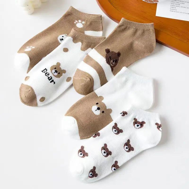 5-Pack Cartoon Bear Ankle Socks – Cute Breathable Women's Socks Ankle Socks Set Axl