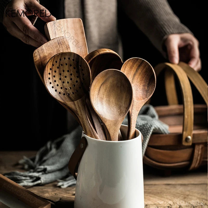 Teak Wood Kitchen Utensil Set – Spoon, Ladle, Turner & Skimmer Wood Cooking Utensil Set Axl