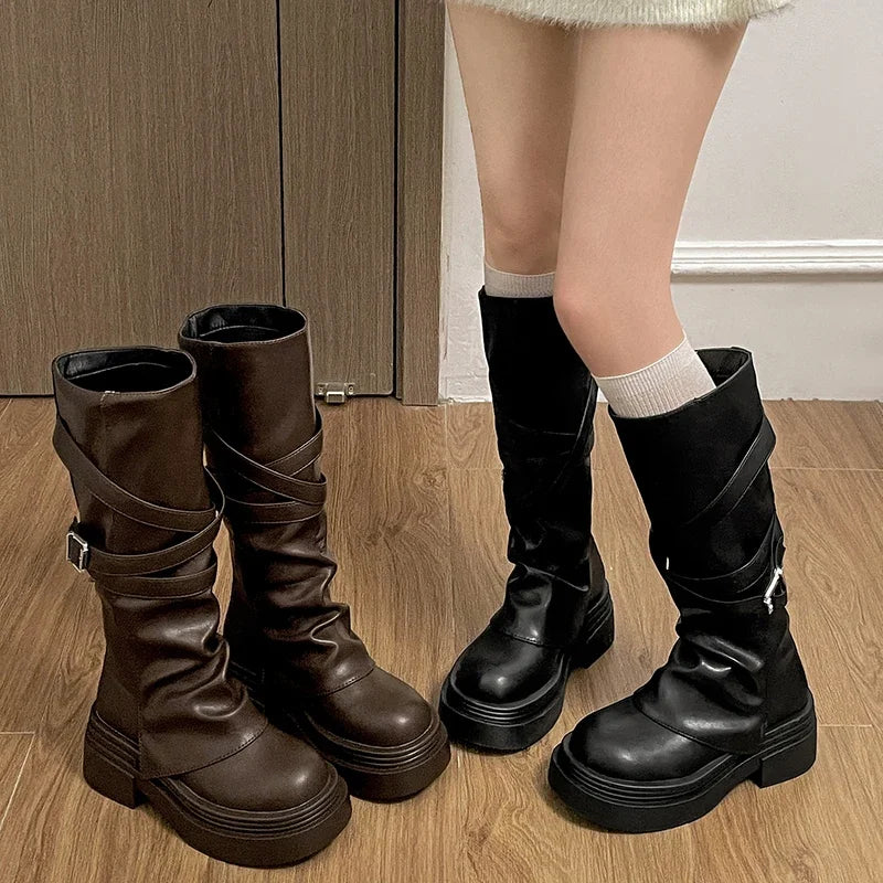Women's Knee-High Knight Boots – Vintage Block Heel Slip-On Knee-High Boots Axl