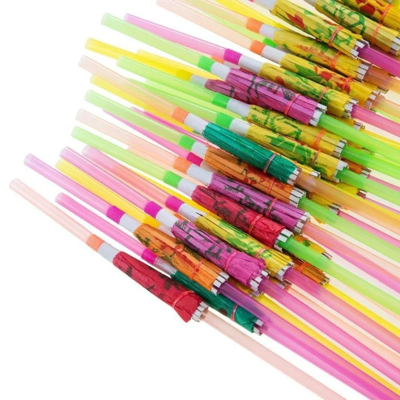 50 Cocktail Umbrella Straws – Tropical Party & Hawaiian BBQ Party Drinking Straws Axl